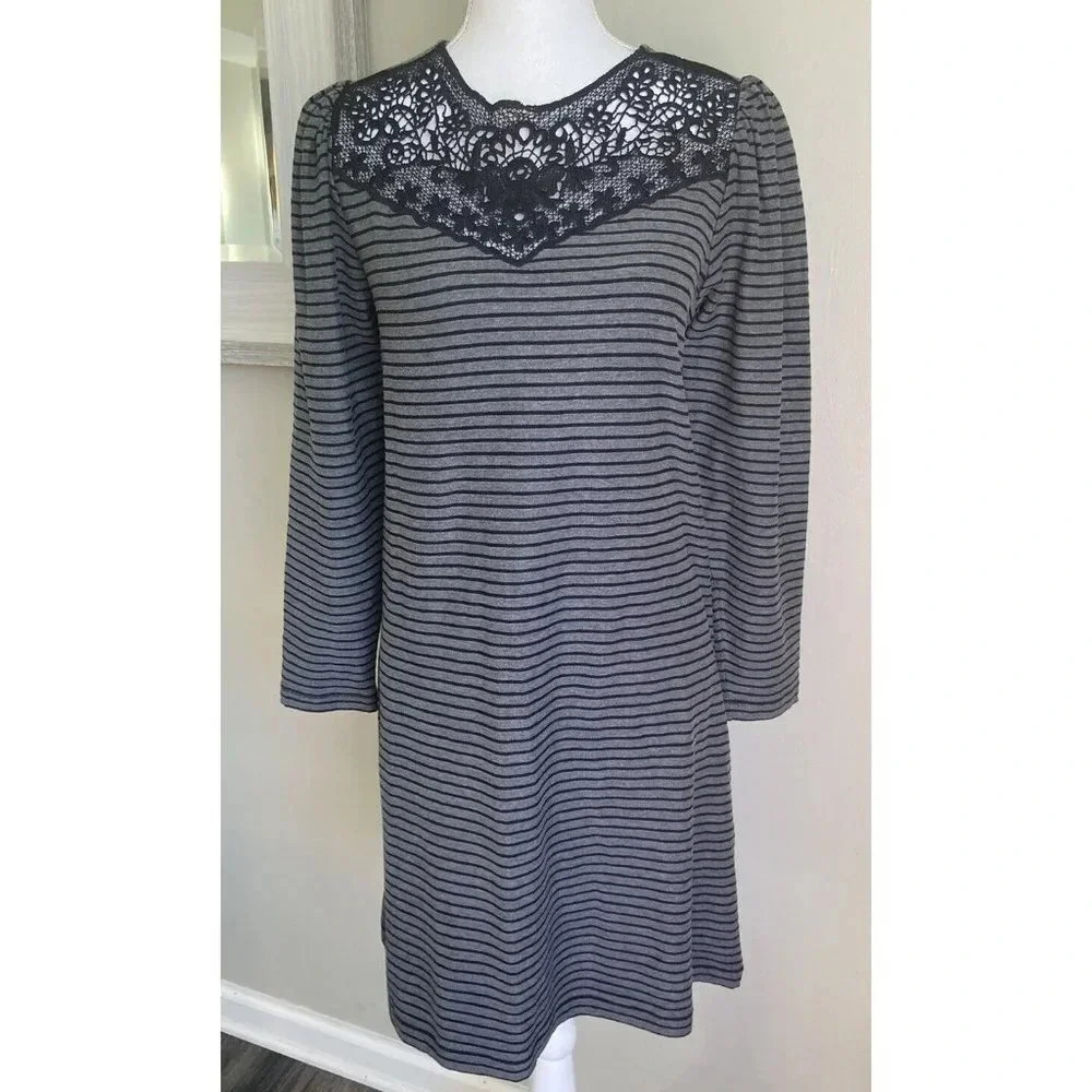 NWT Ann Taylor LOFT Dress Black Gray Stripe Lace Small S New